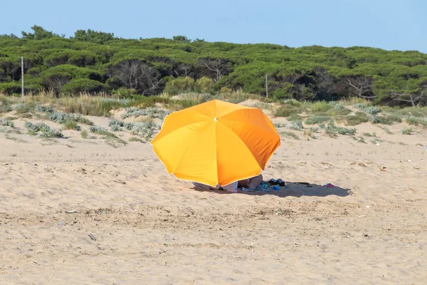 ビーチにオレンジのビーチ傘 — ストック写真
