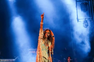Huelva, Spain - August 6, 2017: Singer Rosario Flores, daughter of Lola Flores, from Spain, during public concert in 