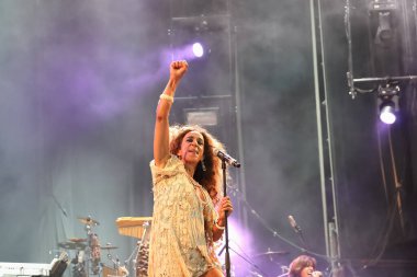 Huelva, Spain - August 6, 2017: Singer Rosario Flores, daughter of Lola Flores, from Spain, during public concert in `Colombinas` festival in Huelva on August 6, 2017