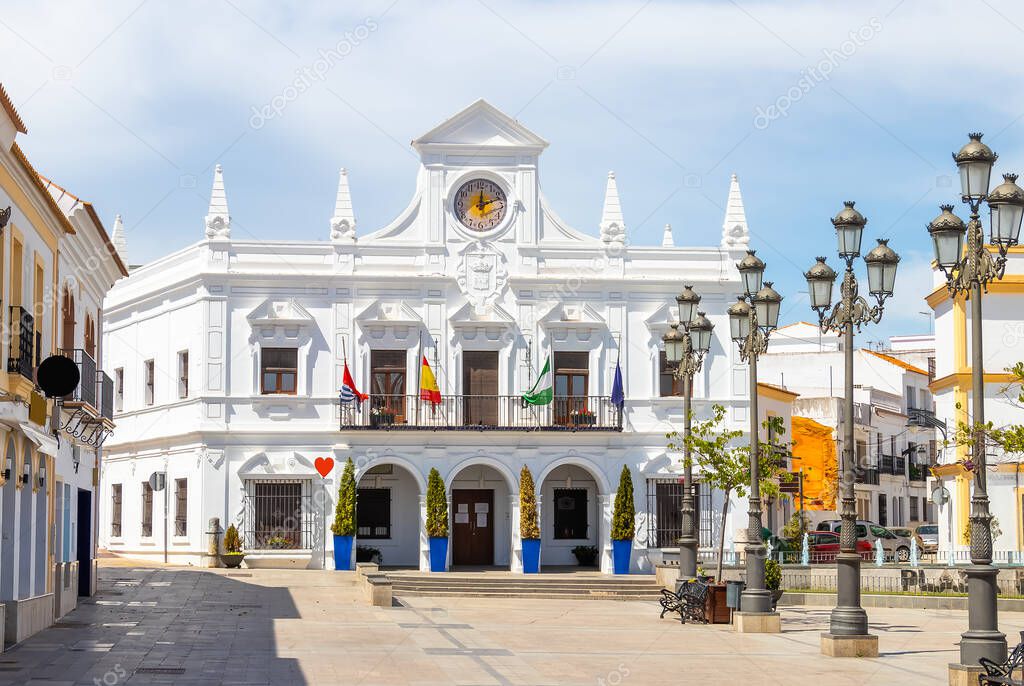 View of white facade of Cartaya City Hall in Huelva  province, Andalusia, Spain