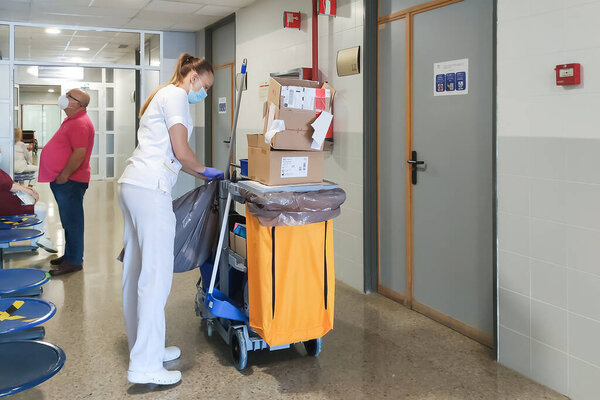 Huelva, Spain - June 16, 2020: Cleaning service inside the hospital Juan Ramon Jimenez in Huelva, Spain