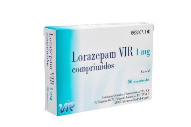 Huelva, İspanya - 23 Temmuz 2020: İspanyol Lorazepam Markası VIR. Anksiyete bozukluklarını, uyku sorunlarını, aktif nöbetleri tedavi etmek için kullanılır..