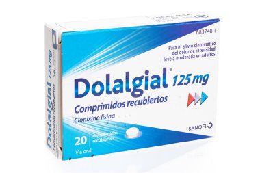 Huelva, Spain - July 23, 2020: Spanish box of Clonixino Lisina, brand Dolalgial from Sanofi laboratory. An analgesic medicine that belongs to a group of medicines non-steroidal anti-inflammatory  clipart