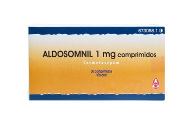 Huelva, İspanya - 23 Temmuz 2020: Aldo laboratuvarından Lormetazepam Brand Aldosomnil. Lormetazepam hipnotik benzodiazepin olarak kabul edilir ve resmi olarak orta ila şiddetli uykusuzluk için belirtilmiştir.