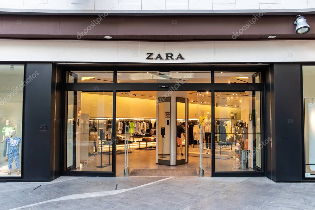 Huelva, Spain - July 27, 2020: Exterior of ZARA. A Spanish apparel retailer based in Galicia. The company specializes in fast fashion, clothing, accessories, shoes, swimwear, beauty, and perfumes