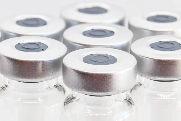 Fotografia Macro Frascos Vidro Para Amostras Líquidas Vacinas Concentre Primeiro — Fotografia de Stock