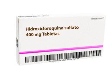 Bir kutu hidrokloroksit sülfat tableti 400 mg (sanatsal işleme). İspanyolca metin (Hidroxicloroquina sulfato 400 mg Tablet) 400 mg hidroklorokin sülfat tableti anlamına gelir
