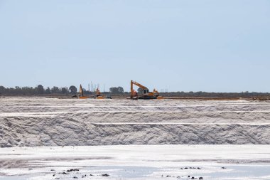 Marismas del Odiel 'deki deniz tuzu yığınları hasat için hazır. Deniz tuzu deniz suyunun buharlaşmasıyla üretilen tuzdur. Huelva 'da geleneksel ve doğal tuz üretimi