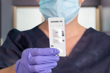 Bir doktorun eli ya da bir laboratuvar teknisyeni, İgM ve IgG antikorlarının Roman Coronavirus 'a, SARS-CoV-2' ye gönderildiğini tespit etmek için hızlı bir COVID-19 testi gösteriyor..