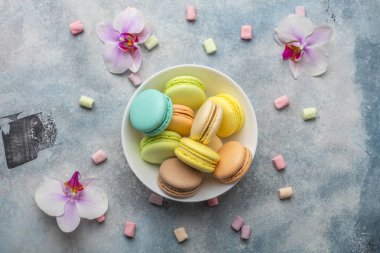 Renkli kurabiye macarons plaka ve havadar Marshmallow. Açık renkli 