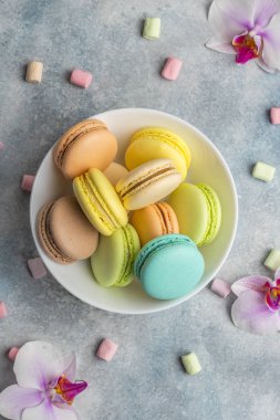Renkli kurabiye macarons plaka ve havadar Marshmallow. Açık renkli 