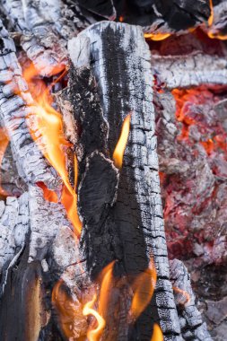 Odun ve kömür şöminede yanan. Yakın çekim