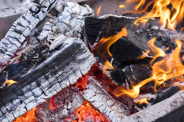 Burning Wood Coal Fireplace Close — Stock Photo, Image