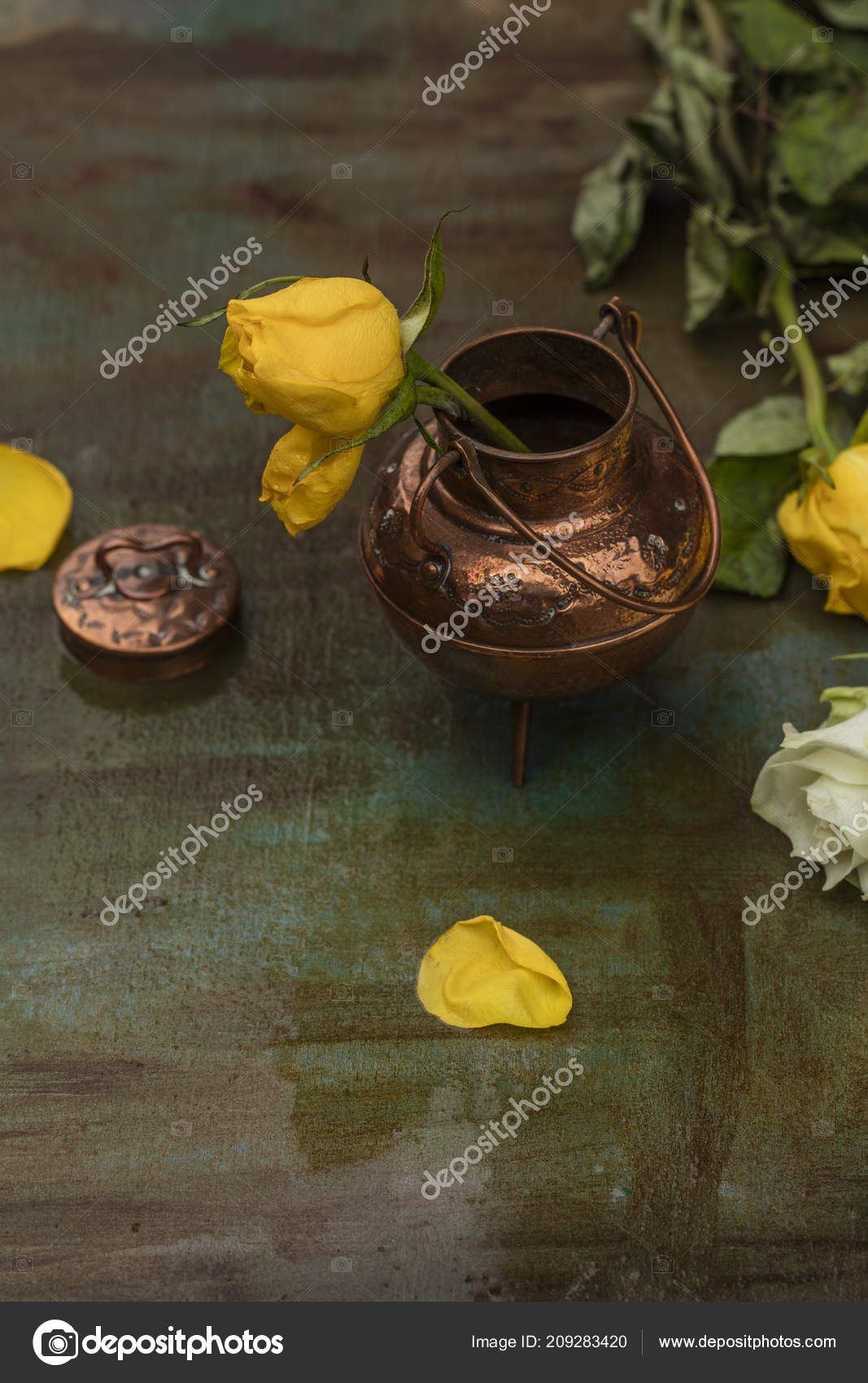 Yellow Rose Bronze Vase Painted Table Rain Stock Photo