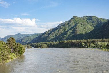 Dağ manzarası ile bir su akışı ile altay, Sibirya, Rusya Federasyonu 