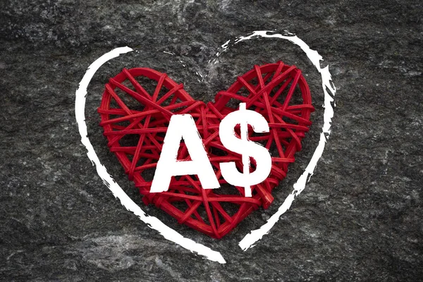 Love of money. Australia Dollar symbol on a red heart. Love theme