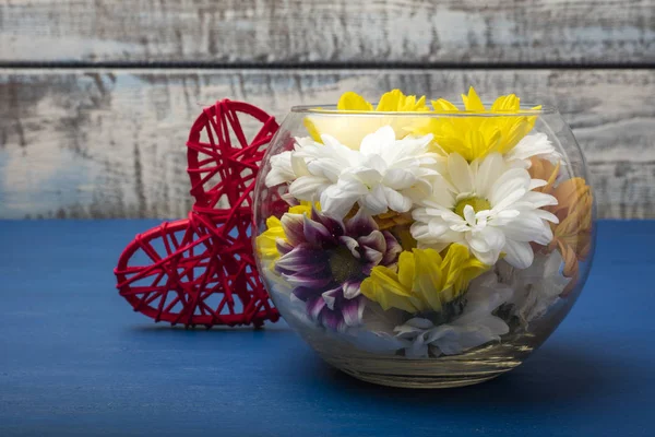 Bunte Chrysanthemen Einer Glasvase Und Ein Rotes Herz Auf Blauem — Stockfoto