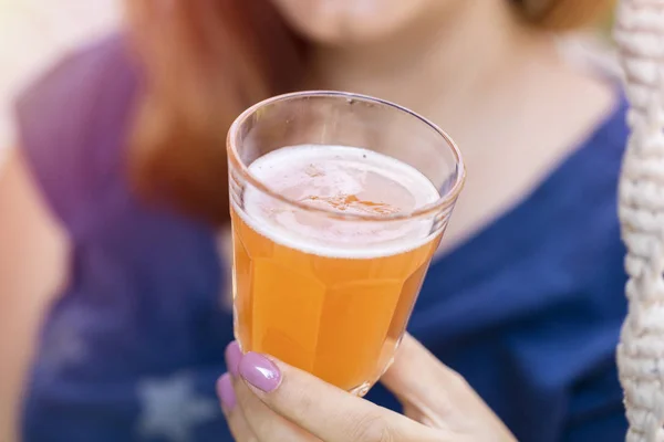 Girl Holding Glass Beaker Orange Drink — Stock Photo, Image