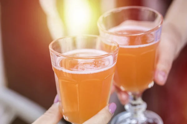 Two Glass Glasses Orange Drink Female Hands — Stock Photo, Image
