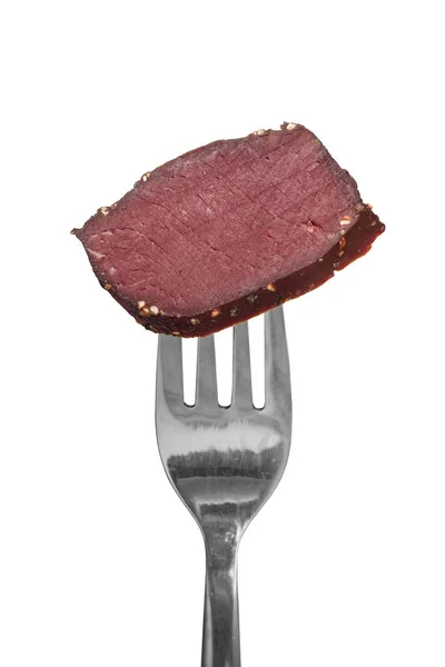 Κρέας Ελαφιού Κρέατα Από Ένα Ελάφι Πιρούνι Λευκό Φόντο Απομονωμένο — Φωτογραφία Αρχείου
