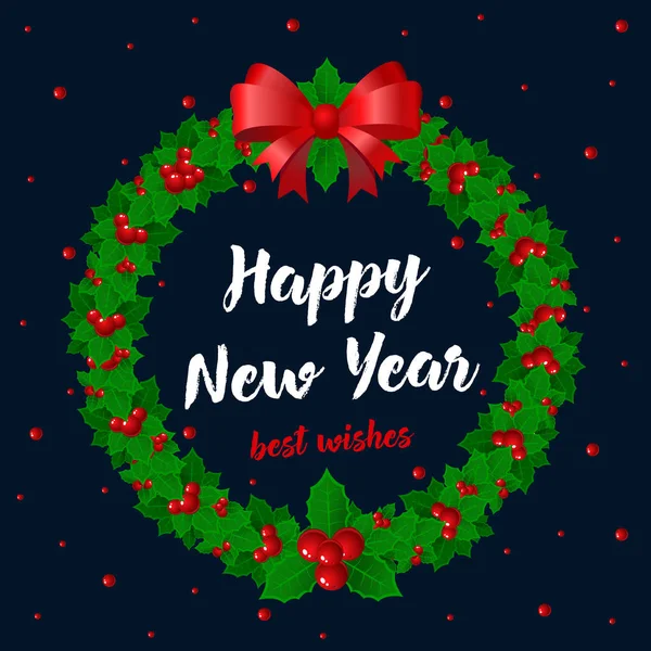 メリー クリスマスと幸せな新年はベクトル カードです 祝日のラウンド フレーム ヒイラギ ヤドリギの葉 ベリーのモチノキ枝 手描きのレタリングの休日のデザイン グリーティング — ストックベクタ
