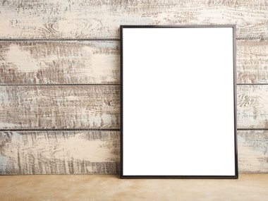 Kadar bir duvar ahşap kurullarının bir boş çerçeve posterin alay et. Tasarım için bir yer. Kopya alanı  