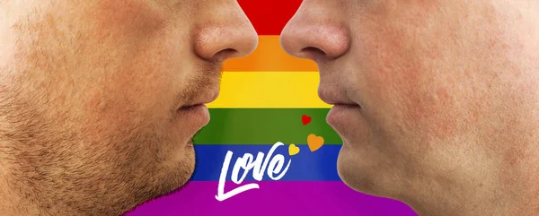 Two Lovers Face Each Other Background Lgbt Flag Inscription Love — Stock Photo, Image