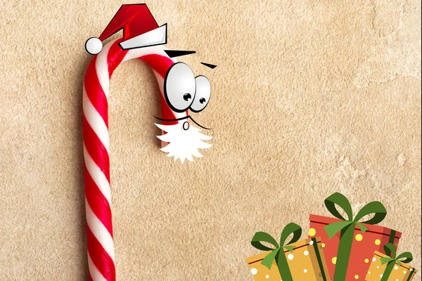 Bastoncini Zucchero Natalizio Nei Vestiti Babbo Natale Con Regali Copia — Foto Stock