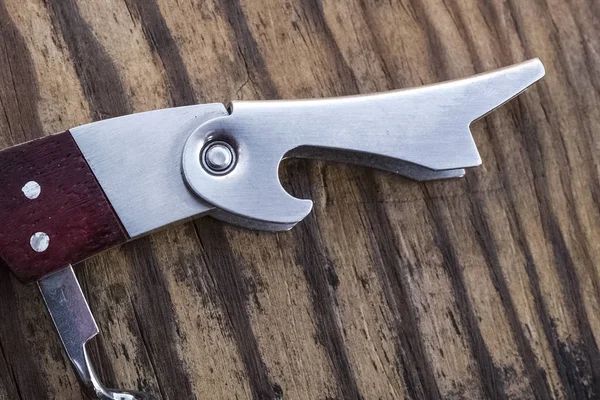 Bottle Opener Wooden Background Copy Space — Stock Photo, Image