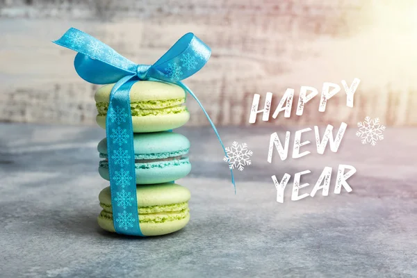 Carte Voeux Bonne Année Trois Macarons Sont Attachés Par Ruban — Photo