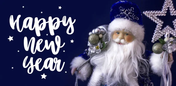 Άγιος Βασίλης Μπλε Φόντο Και Επιγραφή Ευτυχισμένο Νέο Έτος Για — Φωτογραφία Αρχείου