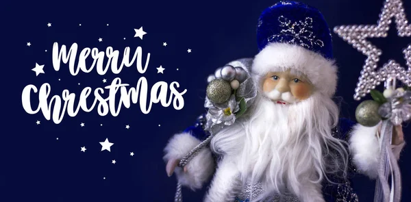 Santa Claus Blue Background Inscription Merry Christmas Holiday Invitations Greeting — Stock Photo, Image