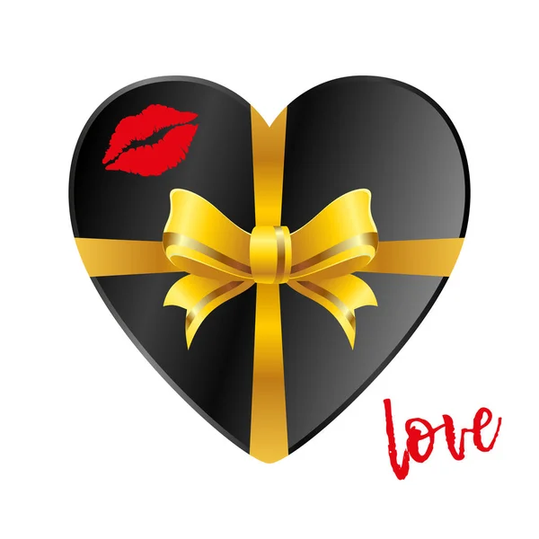 Black gift in the form of heart with gold ribbon on a white background and a trace of a  kiss lips. Inscription Love. Vector illustration