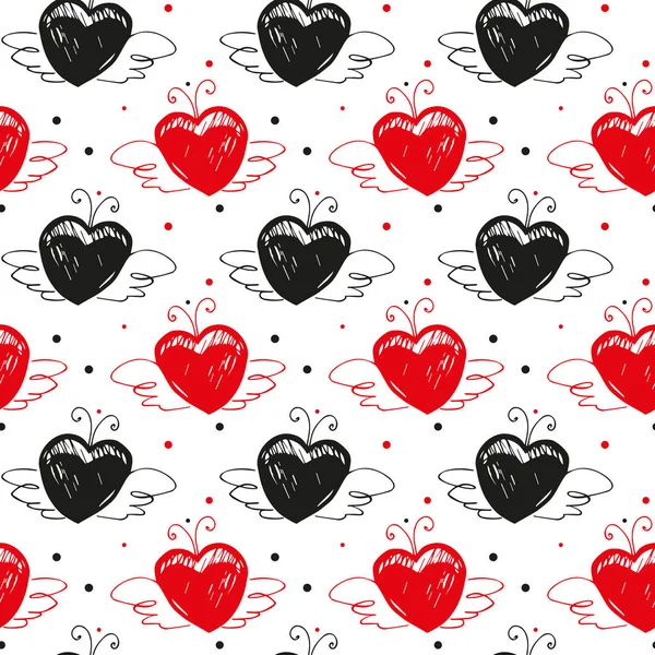 Black Red Hearts Shape Beetle Wings White Background Seamless Patterns — Stock Vector