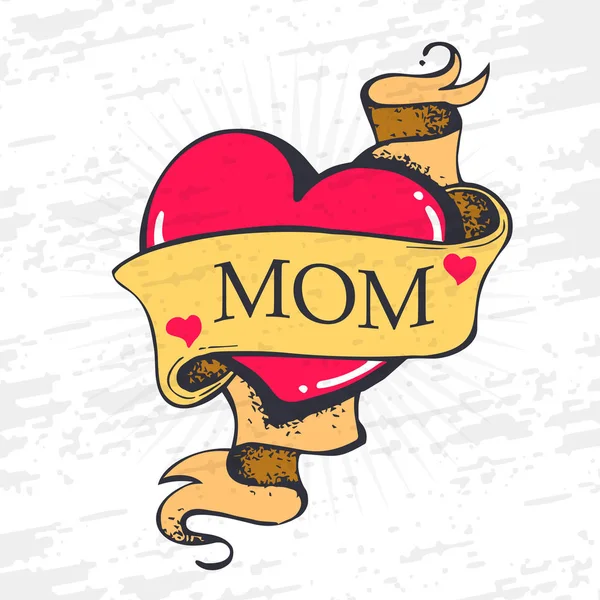 Eski dövme stil. Kalp şerit ve yazıt anne. Elle çizilmiş kroki vector öğesine dönüştürmek