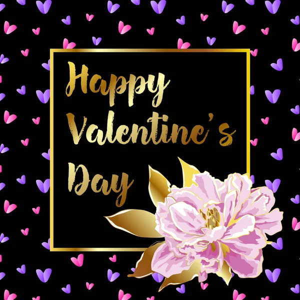 情人节卡片与粉红色和淡紫色的心 与粉红色的牡丹花 向量例证 小册子 — 图库矢量图片