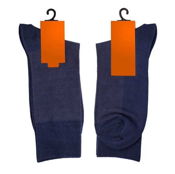 Новые Носки Белом Фоне Синие Носки Оранжевой Этикеткой Изолированный Объект — стоковое фото