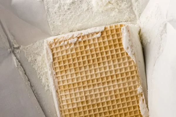waffle ice cream in an open package. Close-up