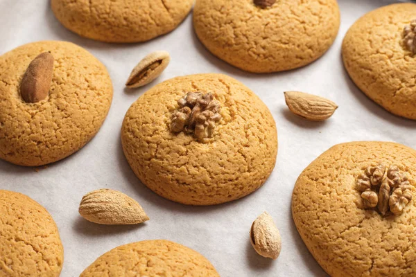 Crunchy cookies with almonds and walnuts. Warm Homemade Cookies with Sugar