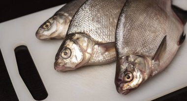 Plastik kesme tahtasında taze çipura balığı, beyaz. Yakın çekim