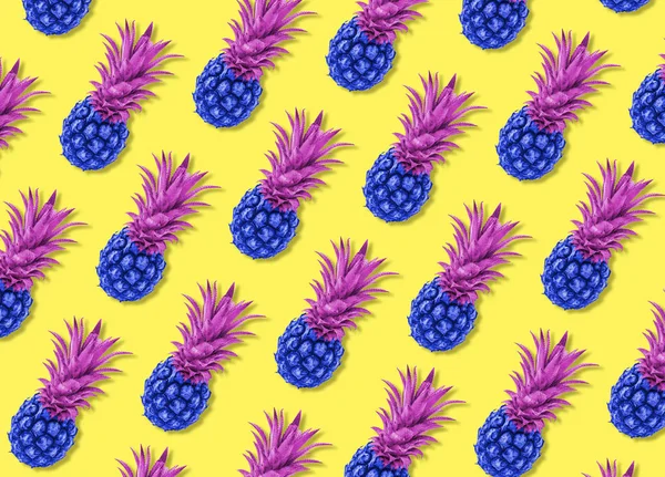 Colorful Fruit Pattern Multicolored Whole Pineapples Yellow Background — Stock Photo, Image
