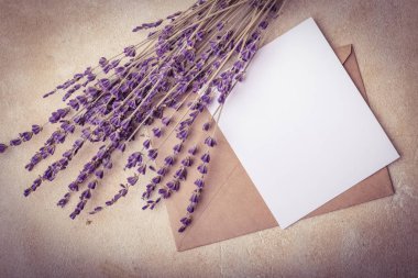 Kraft zarf ve hafif bir arka plan üzerinde lavanta çiçekleri ile boş kağıt. Tonlama