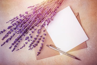 Kraft zarf ve hafif bir arka plan üzerinde lavanta çiçekleri ile boş kağıt. Yukarıdan görüntüleyin. Tonlama