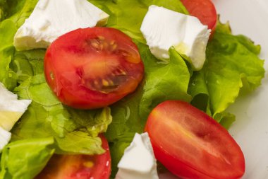 domates salatası, yumuşak brynza peyniri. Diyet yemeği. Yakın çekim