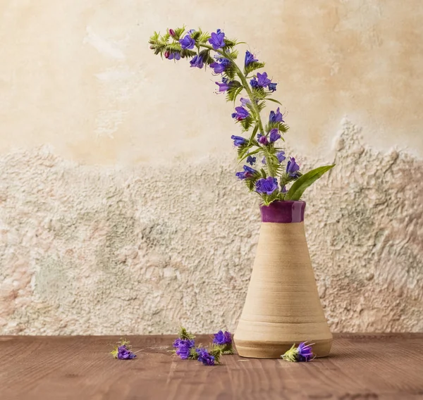 Tahta Bir Masanın Üzerindeki Kil Vazoda Mavi Çiçekler Metniniz Için — Stok fotoğraf