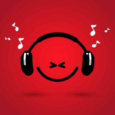 Kulaklıklar ve mutlu gülümseme logosu. Şık düz tarzı müzik mağazası logosu. Vektör çizimi