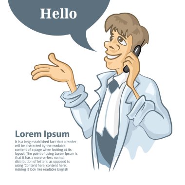 Ceketli karikatür işadamı telefonda konuşuyor. Gülümsüyor. Vektör çizimi