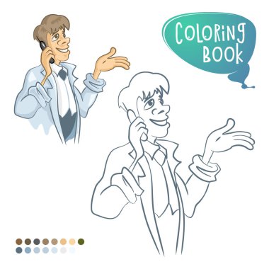 Elinde telefon olan bir iş adamı. Boyama kitabı sayfası. Çizgi film Vektör İllüstrasyonu