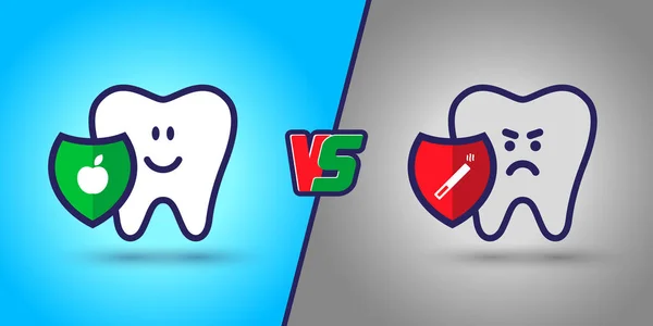 Dientes Protegidos Diente Sano Blanco Feliz Contra Mal Diente Enfermo — Vector de stock