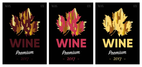 收集红葡萄酒 玫瑰酒和白葡萄酒的新标签 带有金黄色葡萄叶子的黑色标签 矢量说明 — 图库矢量图片